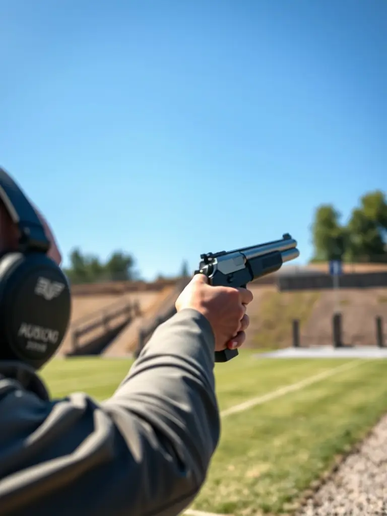 A high-definition photograph capturing a ball-trap shooting session in progress, with a focus on the shooter's focused expression and the clay target exploding in mid-air. The background shows a clear blue sky and the shooting range.
