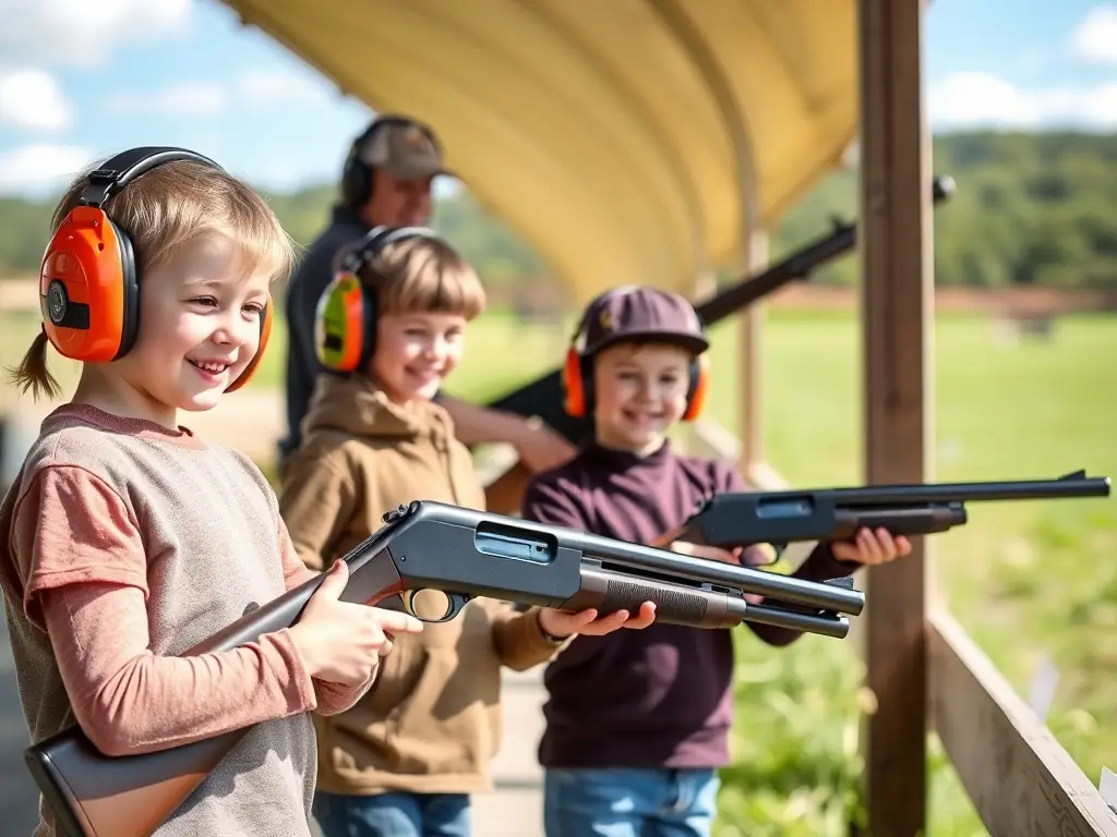 A group of young participants in the Youth Shooting Initiative, learning the basics of ball-trap shooting with a focus on safety and teamwork. The setting is a supervised shooting range with instructors providing guidance.