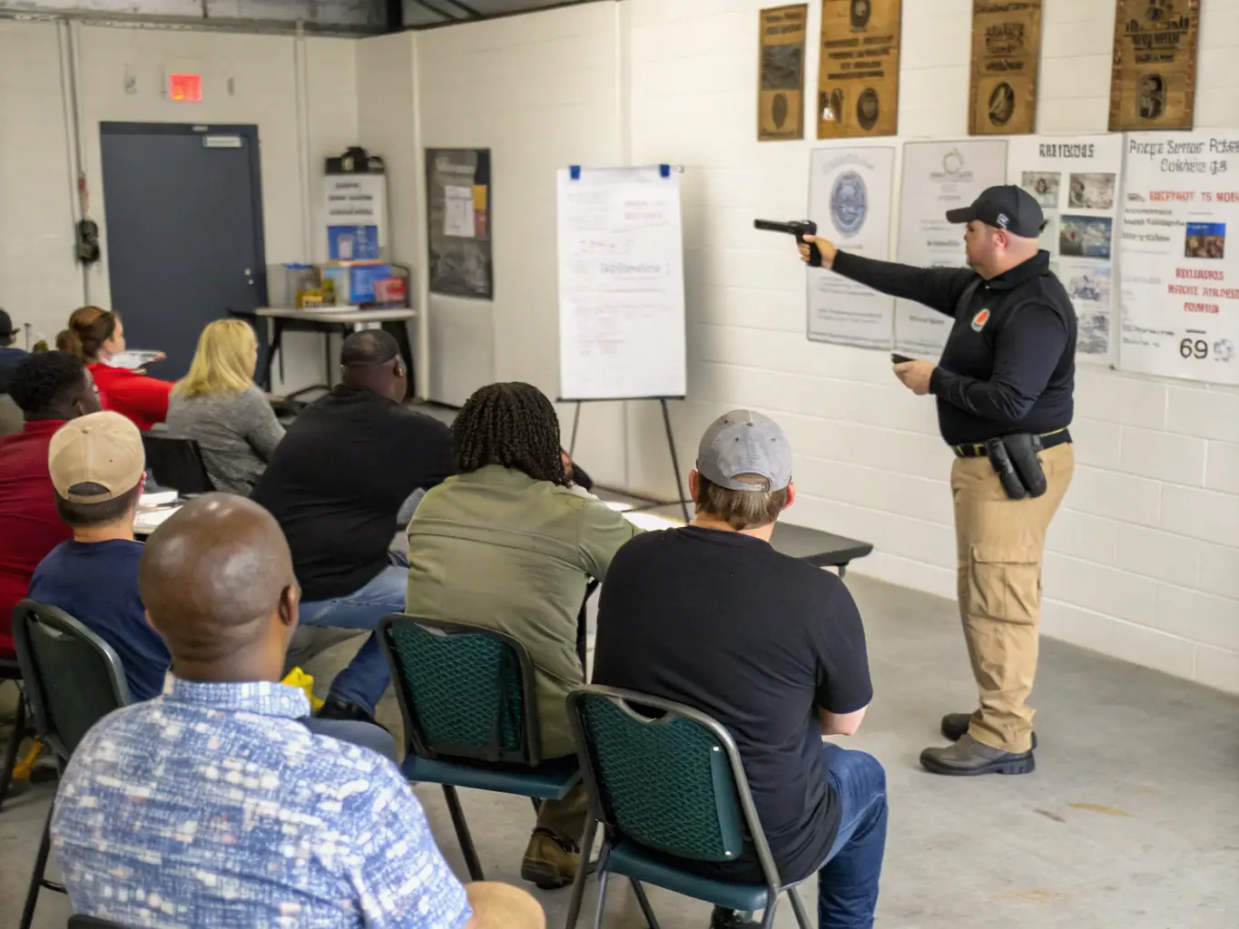 A group of participants in a safety training program, demonstrating proper firearm handling techniques under the supervision of a certified instructor. The setting is an outdoor shooting range with safety barriers and clear signage.