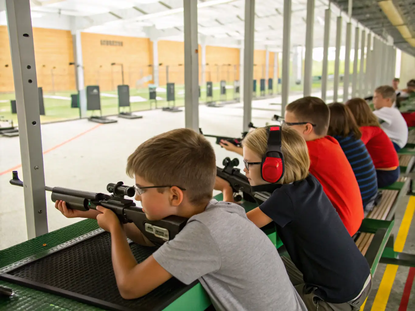 A photograph of young participants in the Youth Shooting Initiative, learning the basics of ball-trap under the guidance of experienced instructors.