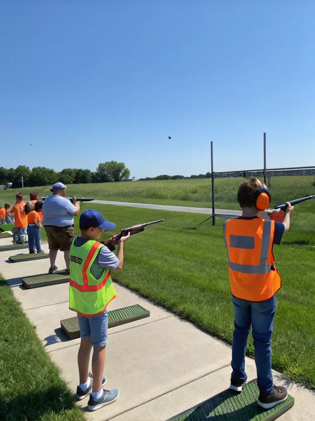A dynamic shot of a ball-trap event in full swing, with clay targets exploding mid-air and shooters in action, under a clear blue sky.