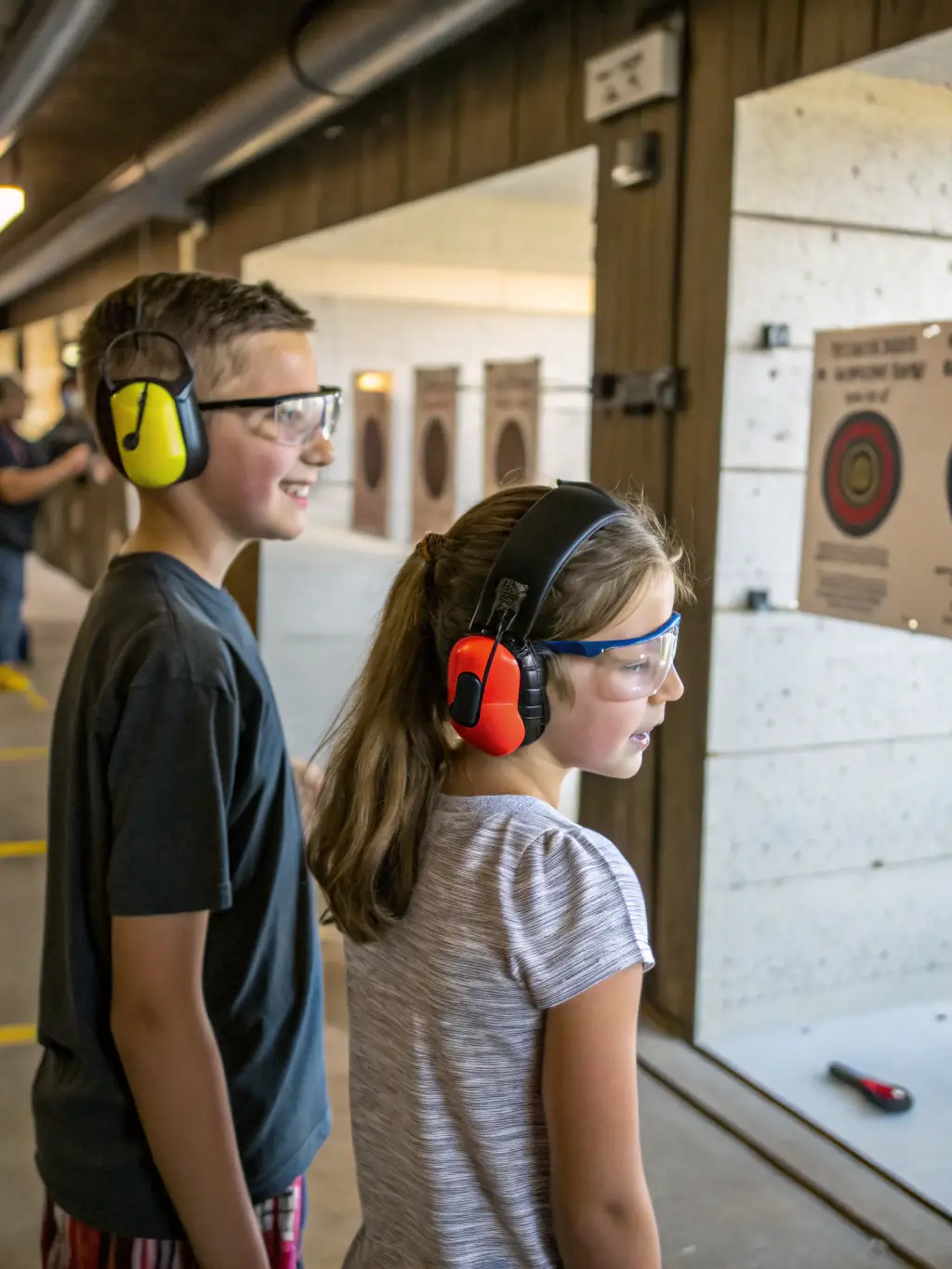 A heartwarming photograph of young participants in the Youth Shooting Initiative, emphasizing safety and teamwork. The image shows children learning to handle equipment under supervision.