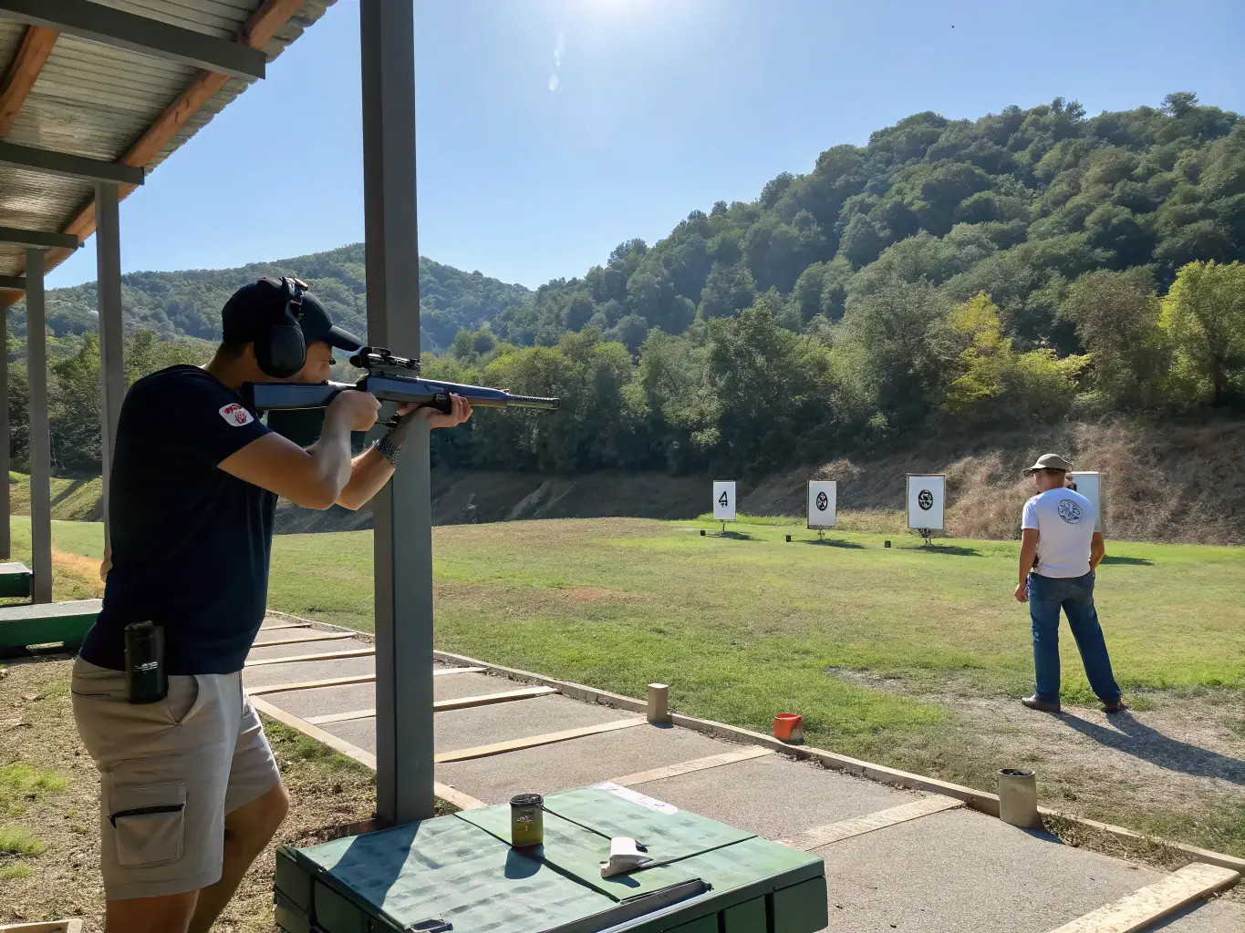 A dynamic shot of a shooter participating in the Regional Ball-Trap Championship, capturing the intensity and excitement of the competition. The background shows spectators and the expansive shooting range.