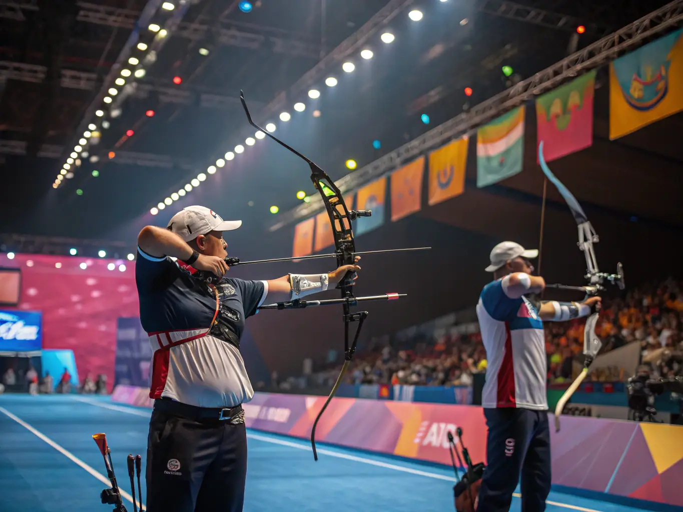 A dynamic image capturing the intensity of a regional ball-trap championship, with shooters focused on their targets and spectators cheering in the background.